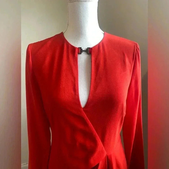 Halston Heritage Front Drape Long Sleeve Dress in Lipstick Red Size 4 - Picture 7 of 12